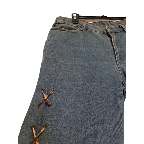 Vtg.90s Y2K Navi XL Bootcut Flare Jeans Boho 16-18 USA Funky Lace-Up Denim - Picture 3 of 16